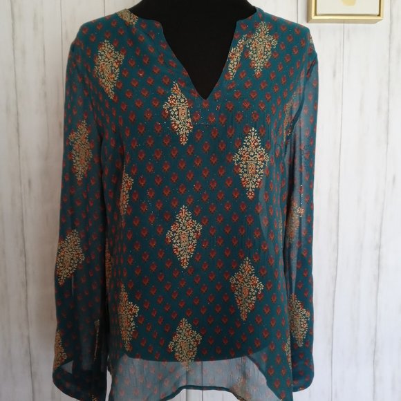 Zero Zero Blouse long sleeves color green with gold Medium long sleeve V neck - Picture 1 of 10